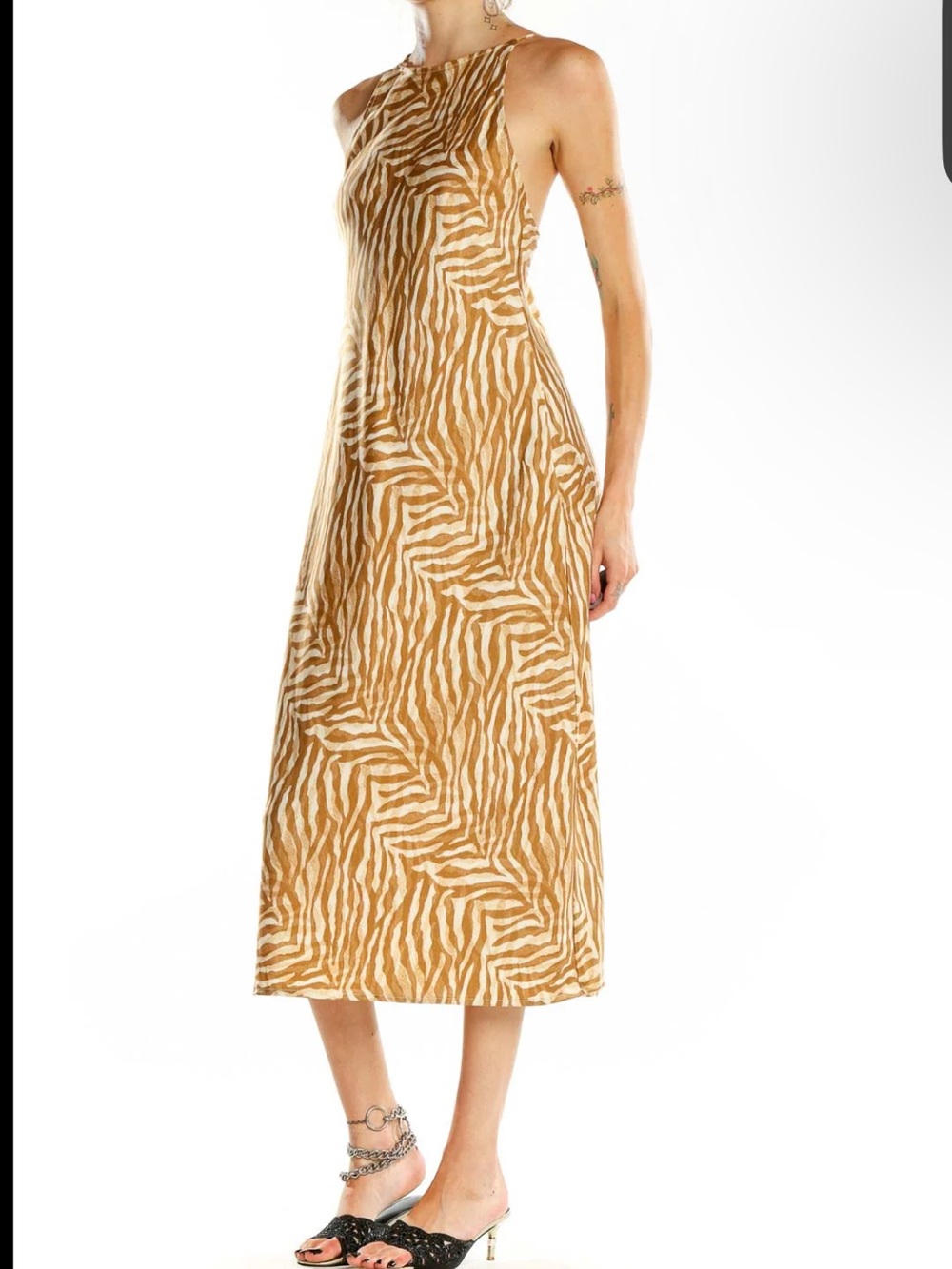 Banana Republic Zebra Print Midi Slip Dress -Halter Neckline & Crisscross Back L